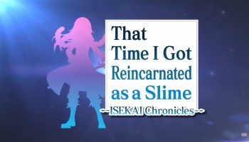 Screenshot of the title screen from the That Time I got Reincarnated as a Slime official trailer. Shows the title of the game in a white box on the right, and a colorful silhouette of Rimuru on the left of the box.