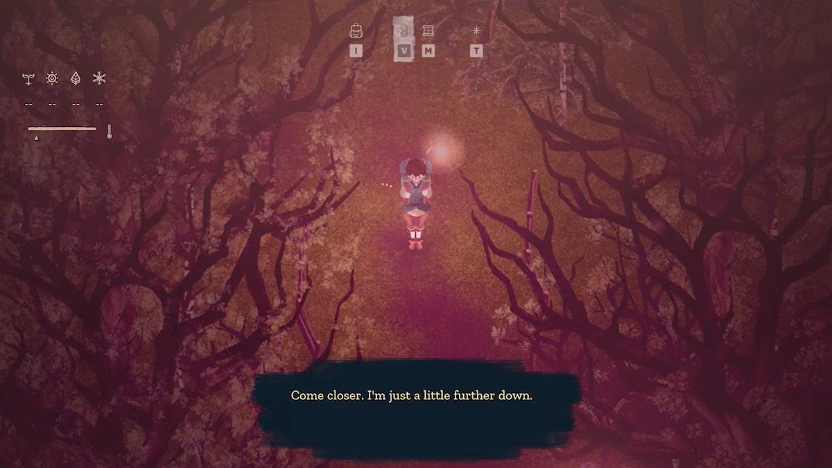 A screenshot of the gameplay from The Garden Path, uploaded by developer carrotcake. It shows a masc-presenting figure with a backpack and a lantern standing on the path between some trees in a forest. The text reads "Come closer. I'm just a little further down."