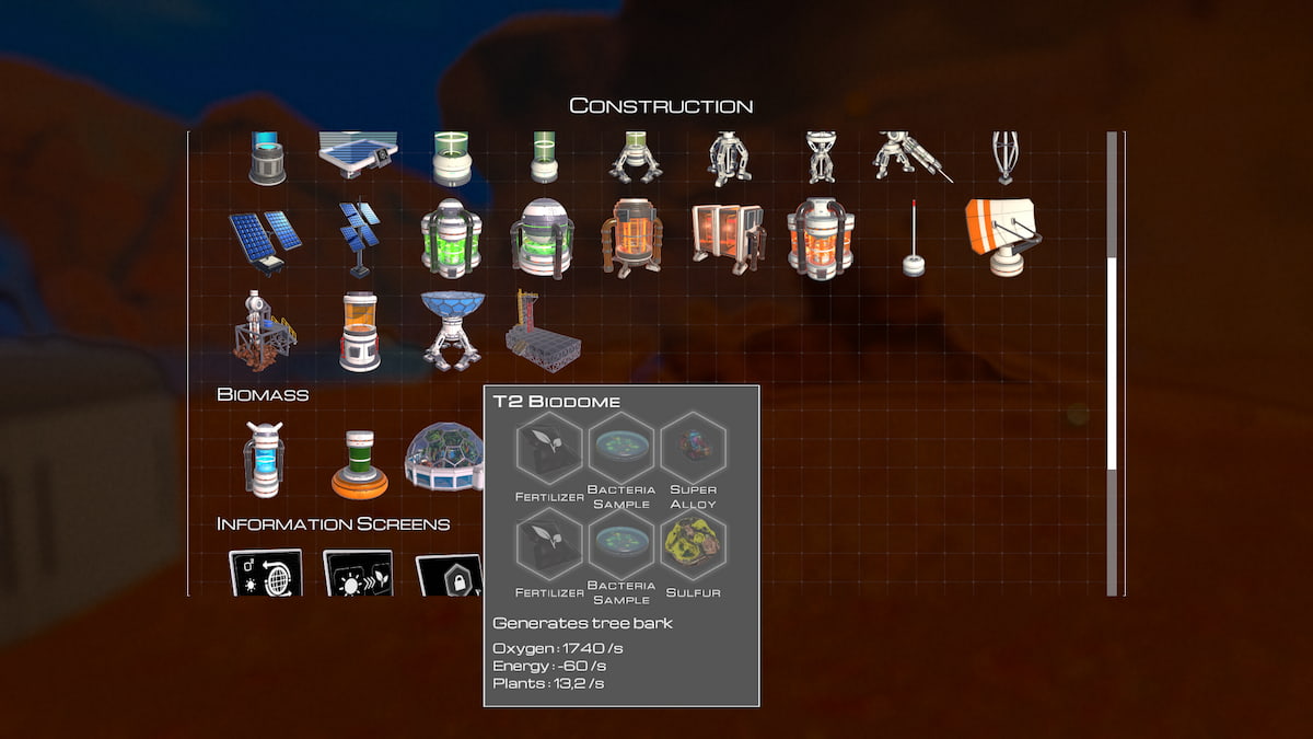 T2 Biodome recipe in The Planet Crafter Crafting Menu 