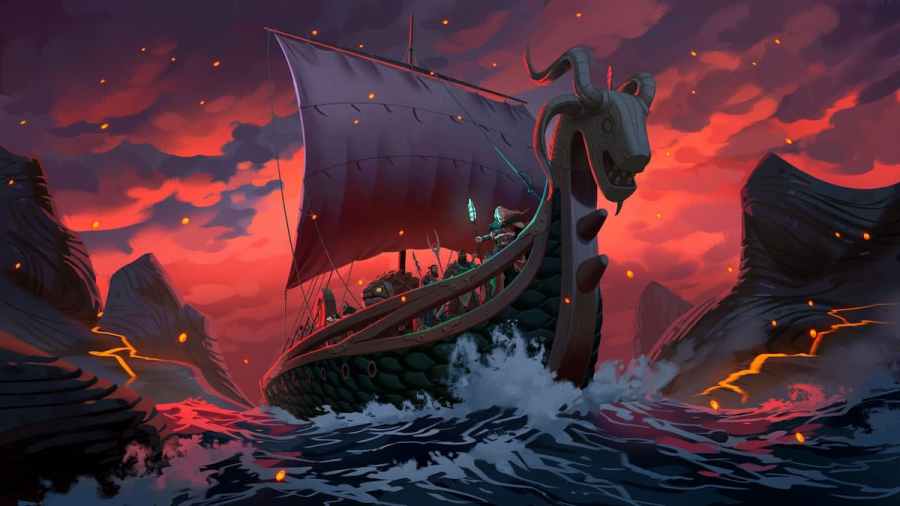 A Viking shape passing through the Ashland Fjords in Valheim