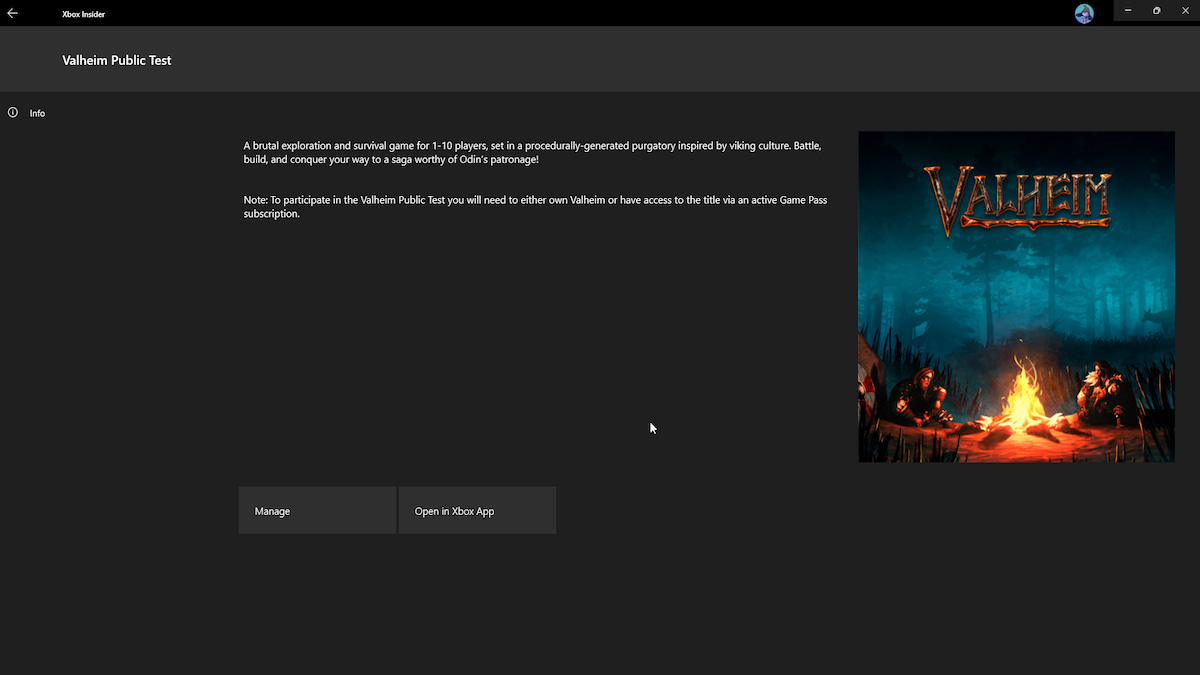 Xbox Insider Hub on Valheim's public test page while giving you the options to launch with the Xbox app