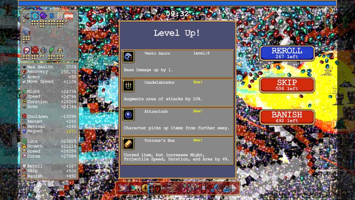A level-up screen in Vampire Survivors
