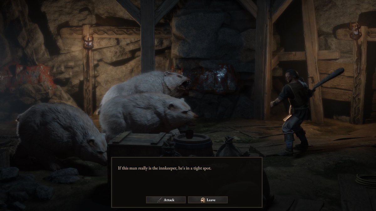The innkeeper being attacked by Polar Bears in Wartales