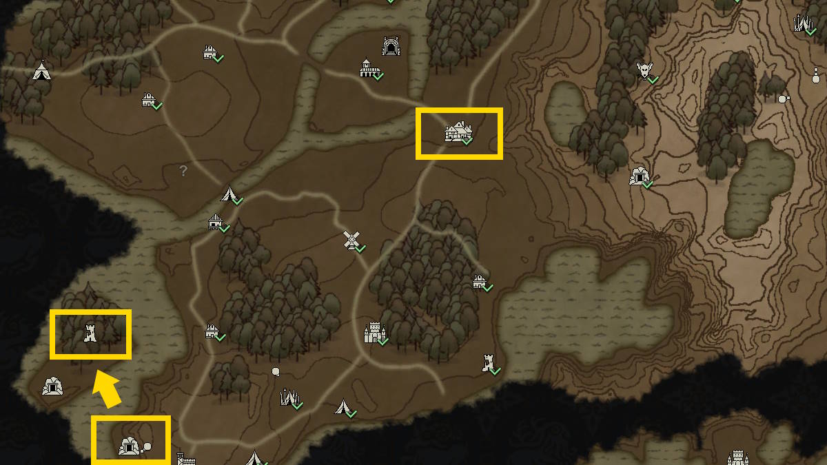 Arthes map showing the two buildings to visit for the Halberdier specialization in Wartales