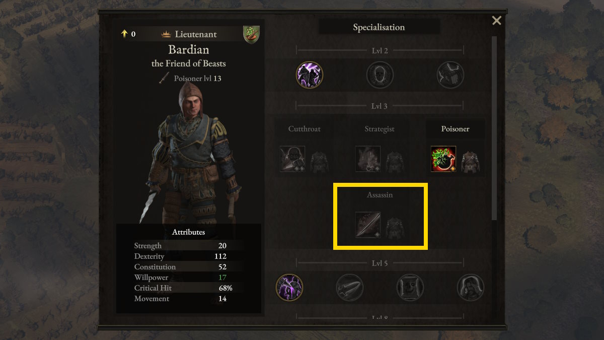 Checking the Assassin class has been added to the Ranger character sheet in Wartales.