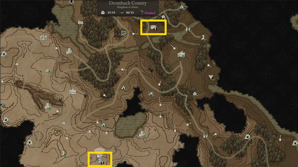 Drombach County map showing the two buildings to visit for the Brawler specialization in Wartales