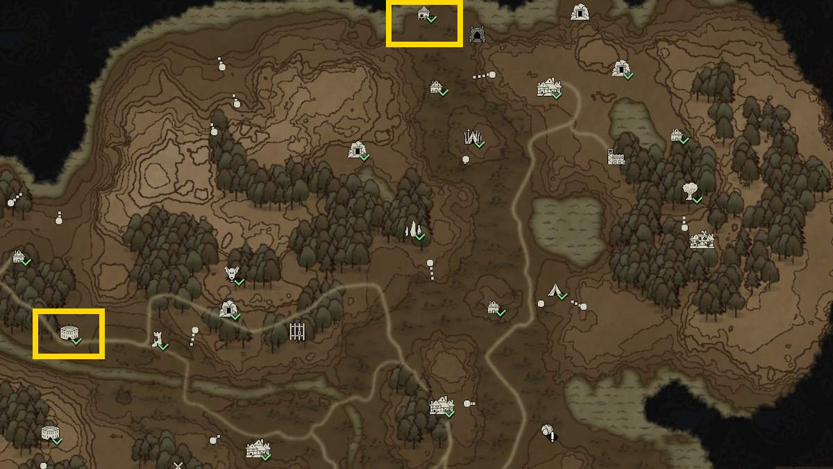 Ludern map showing the two buildings to visit for the Marksman specialization in Wartales