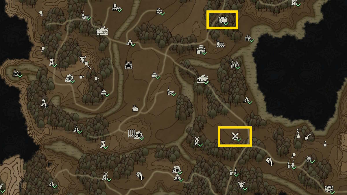 Vertruse map showing the two buildings to visit for the Assassin specialization in Wartales