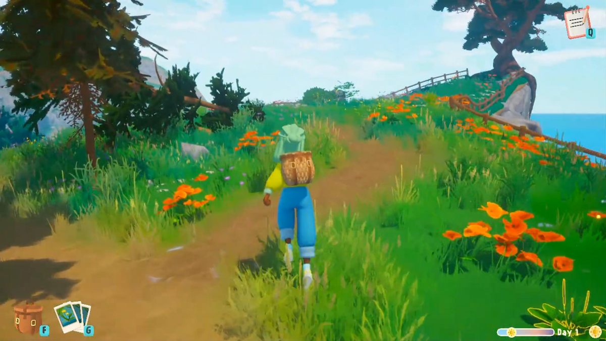 A screenshot of official gameplay from Wholesome: Out and About, developed by Yaldi games. Screenshot shows a girl running down a pathway towards some flowers. There are several patches of orange flowers scattered about, and a tree of the edge of a cliff in the distance. The girl has mint green hair and is carrying a foraging backpack.