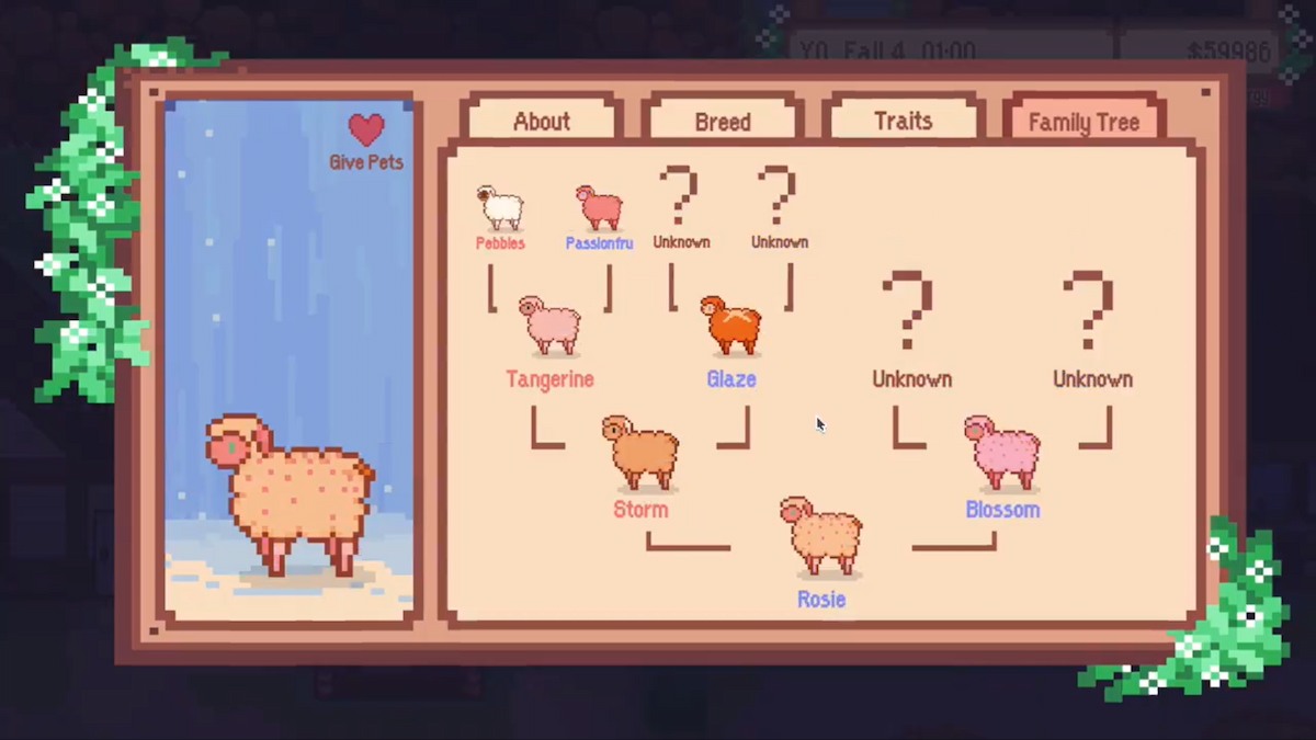 A screenshot of a llama family tree from Wish Upon A Llama. The most recent llama in the family is Rosie, a beige-colored llama whose parents are Blossom the pink llama and Storm the orange llama. 