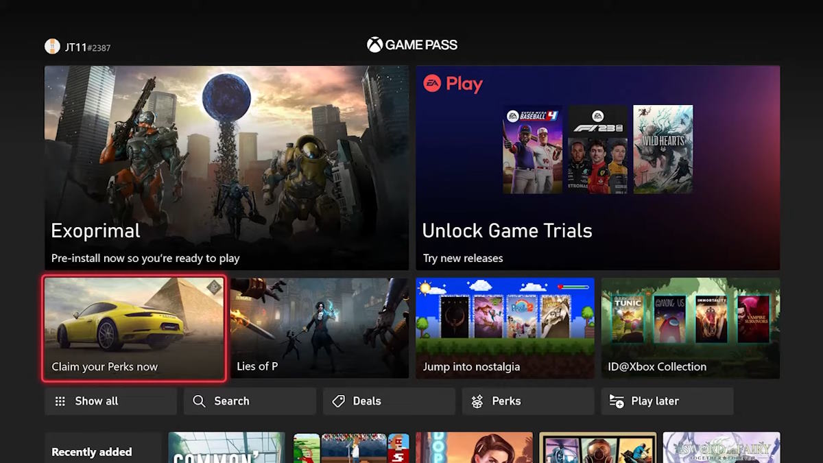 Xbox GamePass menu with Claim your perks section highlighted