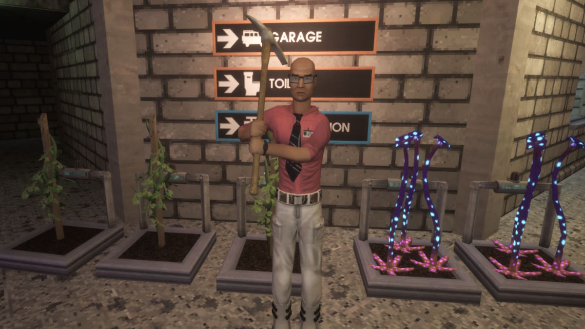 A scientist/farmer swings a pickaxe before a row of human and alien crops.