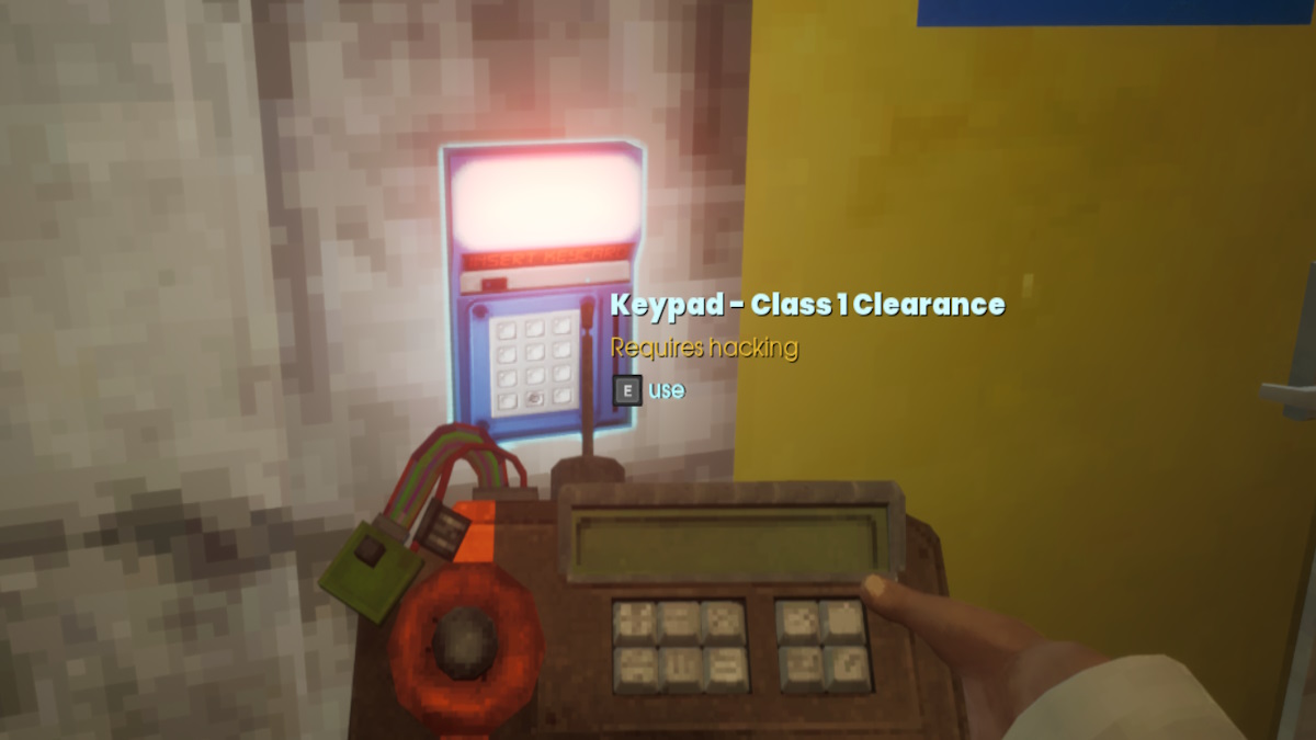 1st Person POV of scientist holding a hacking device to a hackable keypad in Abiotic Factor