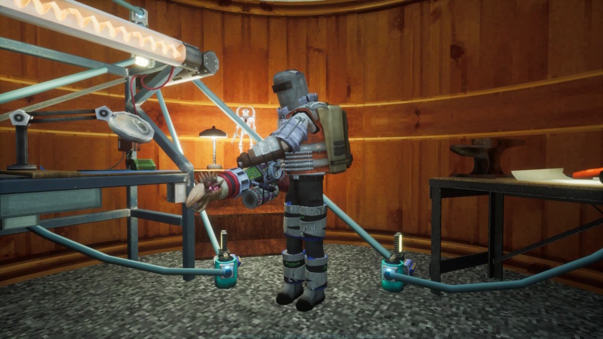 A scientist in armour shows of a pest trapped in a vacuum gun in Abiotic Factor.