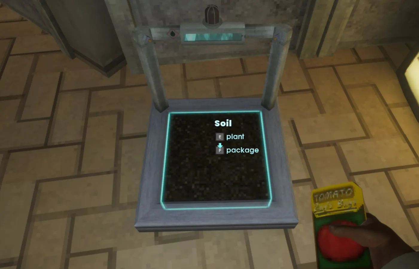 First person POV, scientist holds a bag of tomato seeds and is prompted to plant them by onscreen command. 