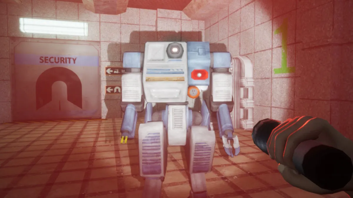 An angry security bot attacking a player in Abiotic Factor.