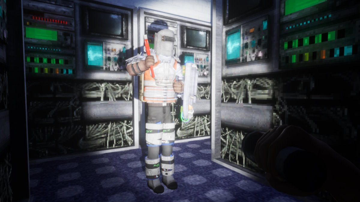 An armoured scientist stands before server stacks in Abiotic Factor.