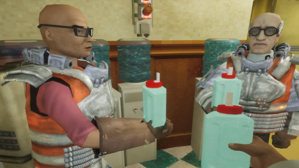 Scientists toast each other with plastic bottles of water before a series of filled water coolers.