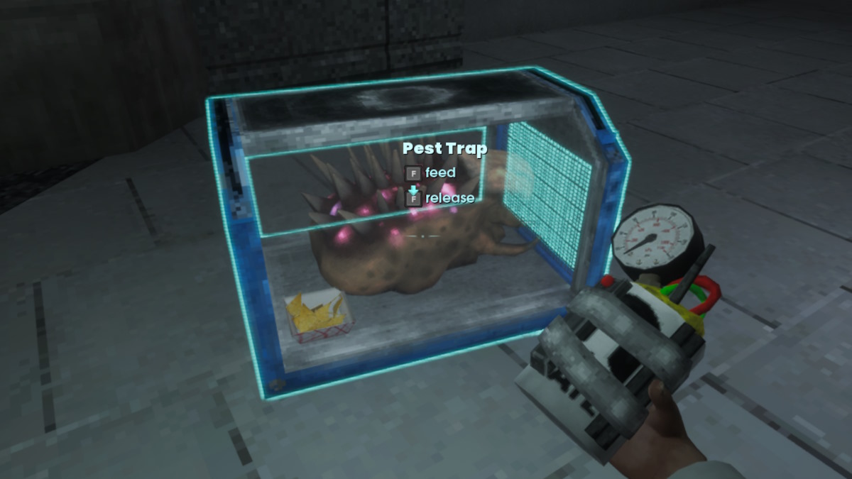 An alien pest stuck in a trap. 1st Person POV as the scientist tries to feed it a grenade (Abiotic Factor).