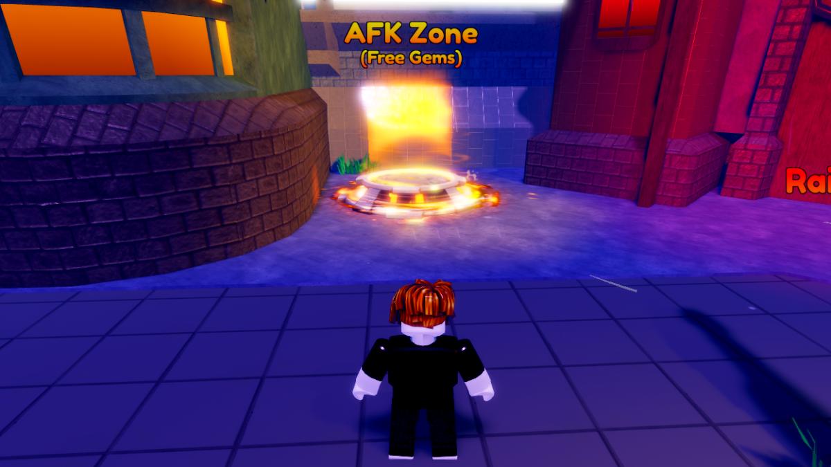 A Roblox character standing in front of the AFK Zone in Anime Defenders