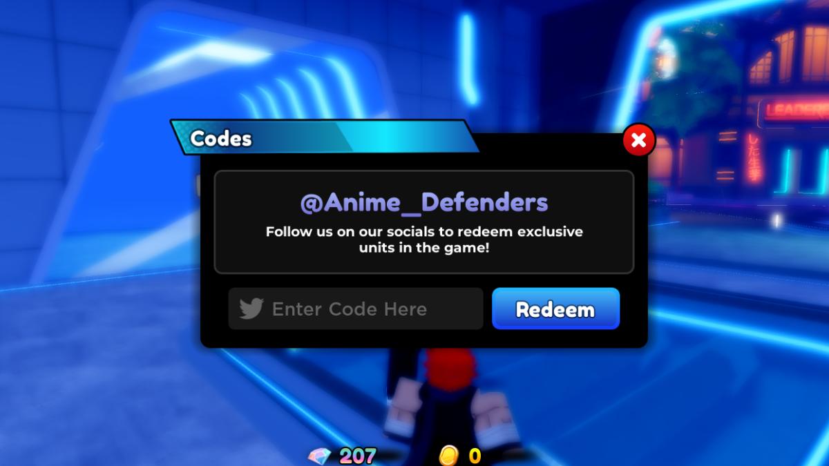 Anime Defenders redeem codes section