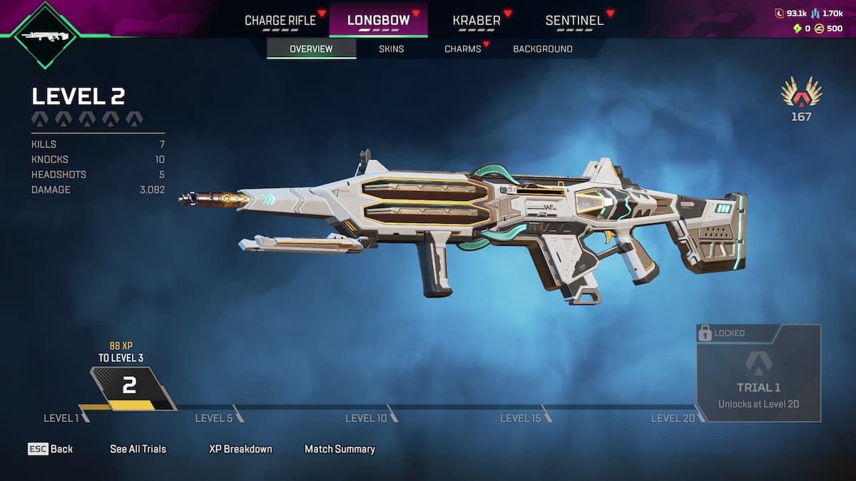 Longbow DMR weapon as viewed in Apex Legends menu.