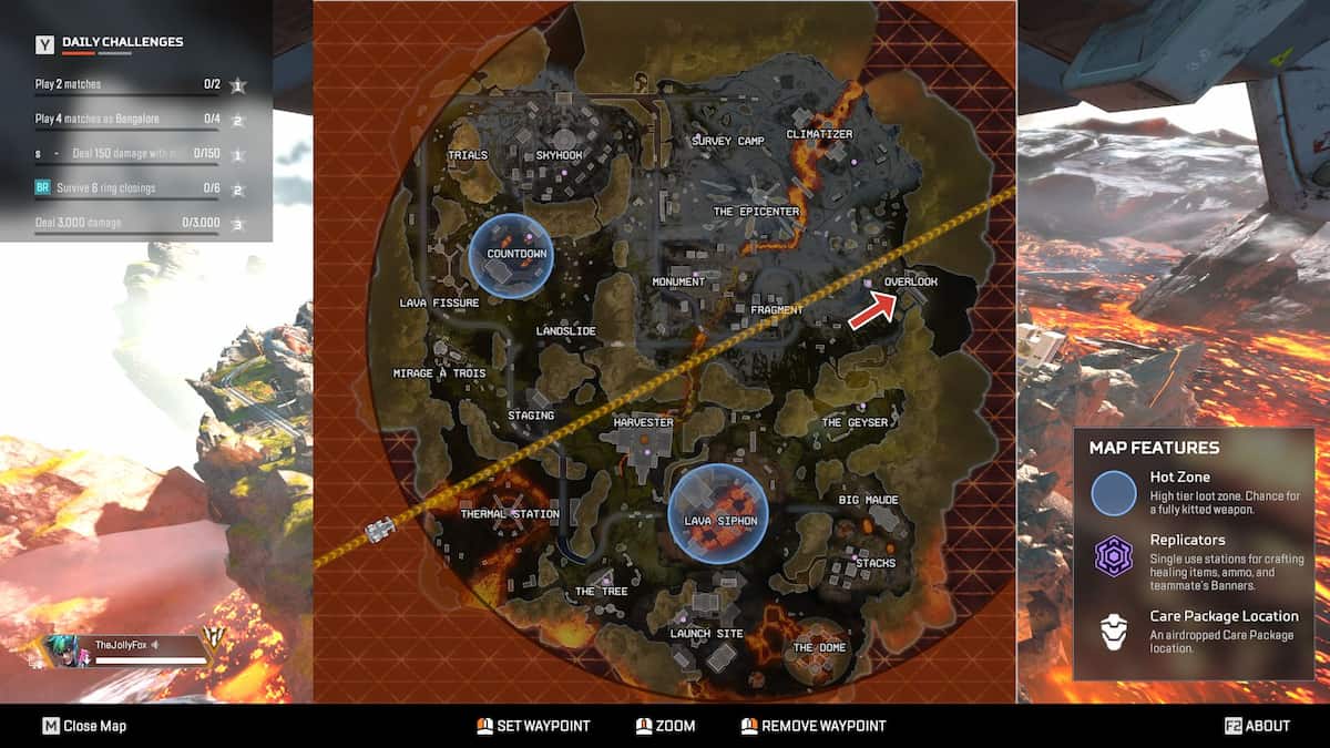 Apex Legends World's Edge map location Overlook marked on the map.