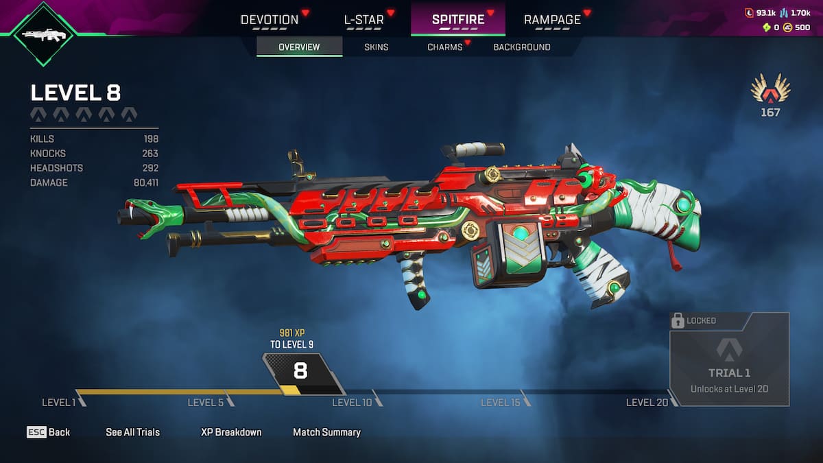 Spitfire weapon in Apex Legends menu screen.