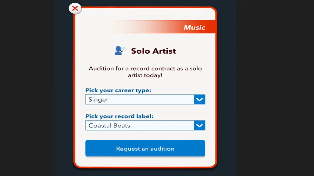 The Solo Artist Audition menu in BitLife