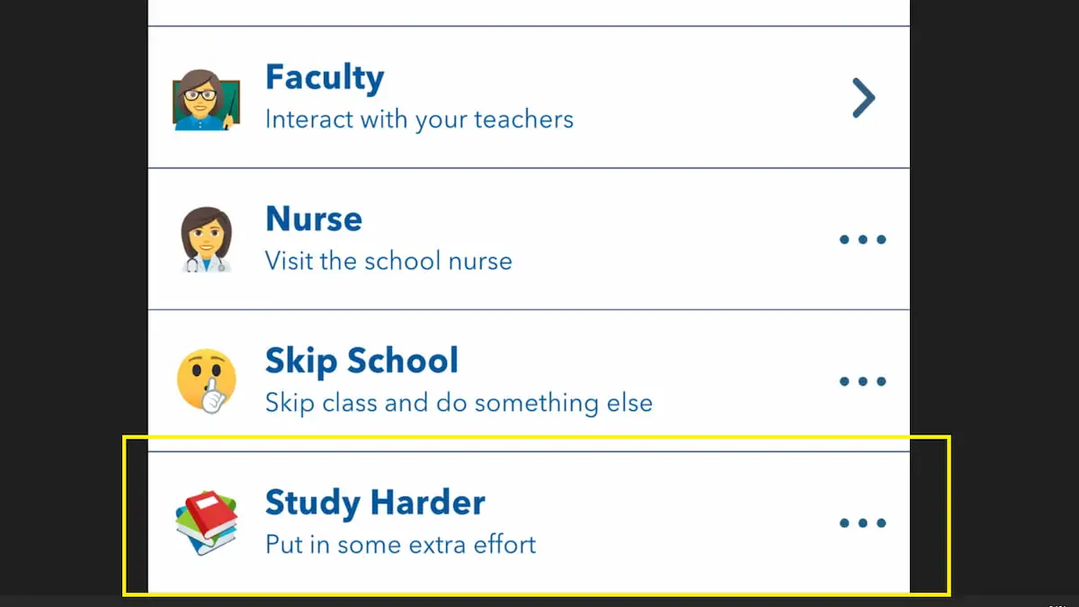 The Study Harder option in BitLife