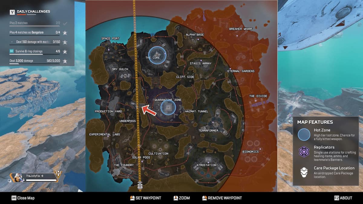 Location of Broken Moon Underpass marked on a map in Apex Legends.