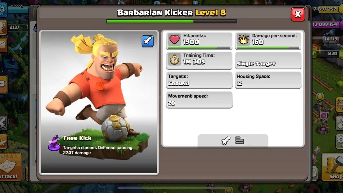 Haaland's Barbarian Kicker troop in Clash of Clans