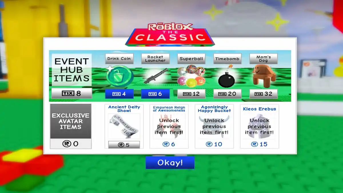 The Exclusive Avatar Items menu in Roblox Classic Event