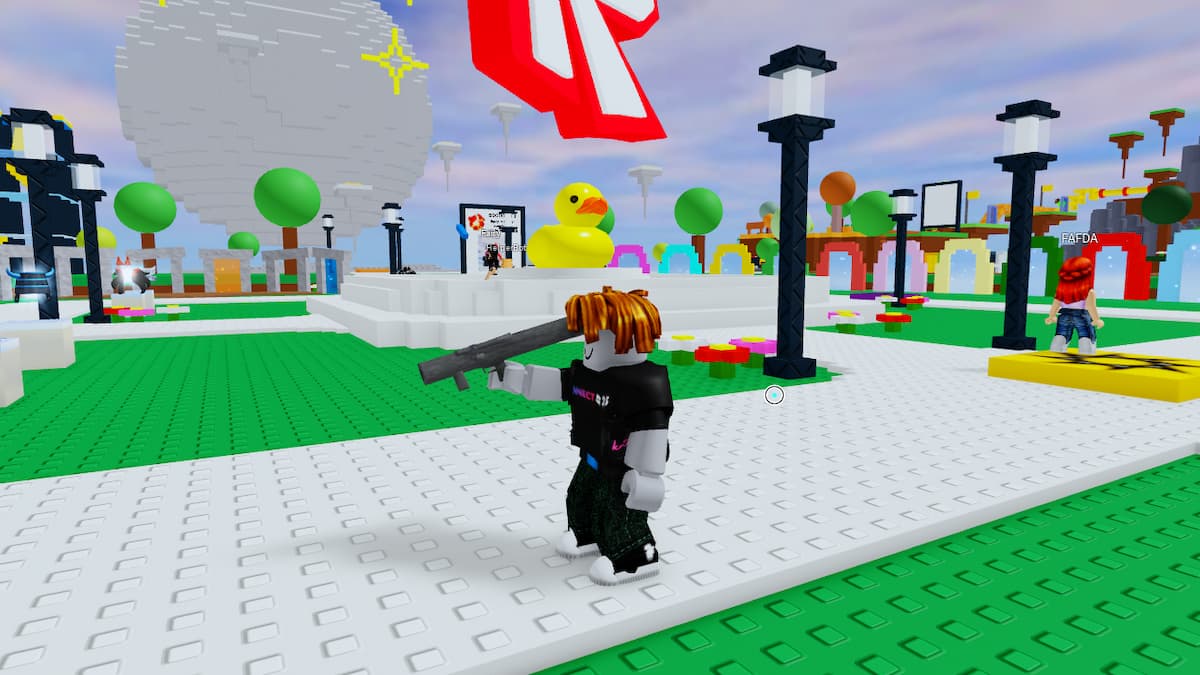 A player holding a bazooka in Roblox The Classic Event