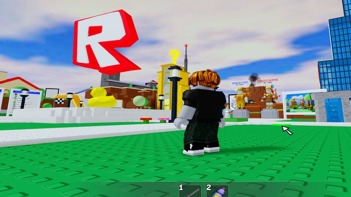 A player standing before the Classic Roblox Logo