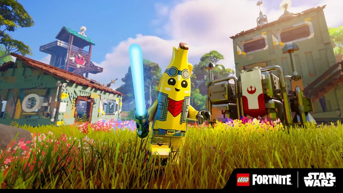 Peely with a lightsaber in Lego Fortnite