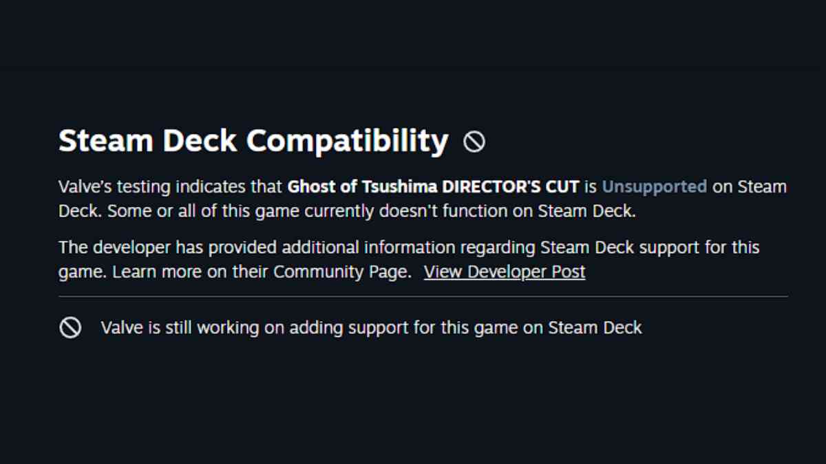 Ghost of Tsushima's Steam Deck compatability page