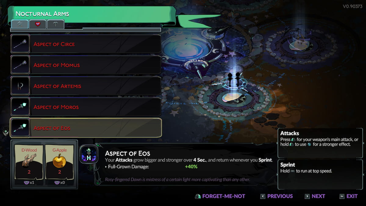 Using a Golden Apple to unlock the Aspect of Eos weapon upgrade in Hades 2