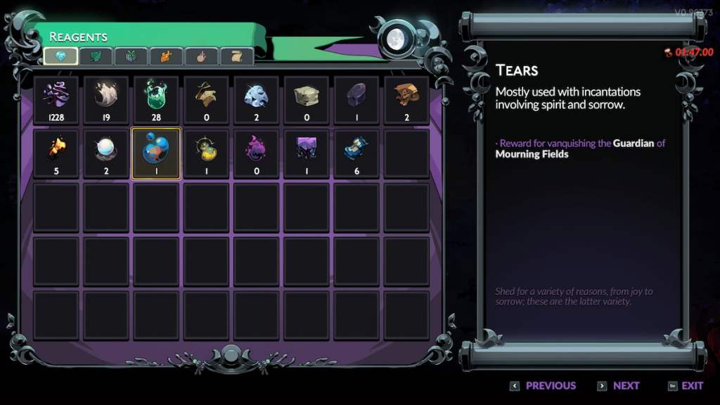 The inventory description for Tears in Hades 2