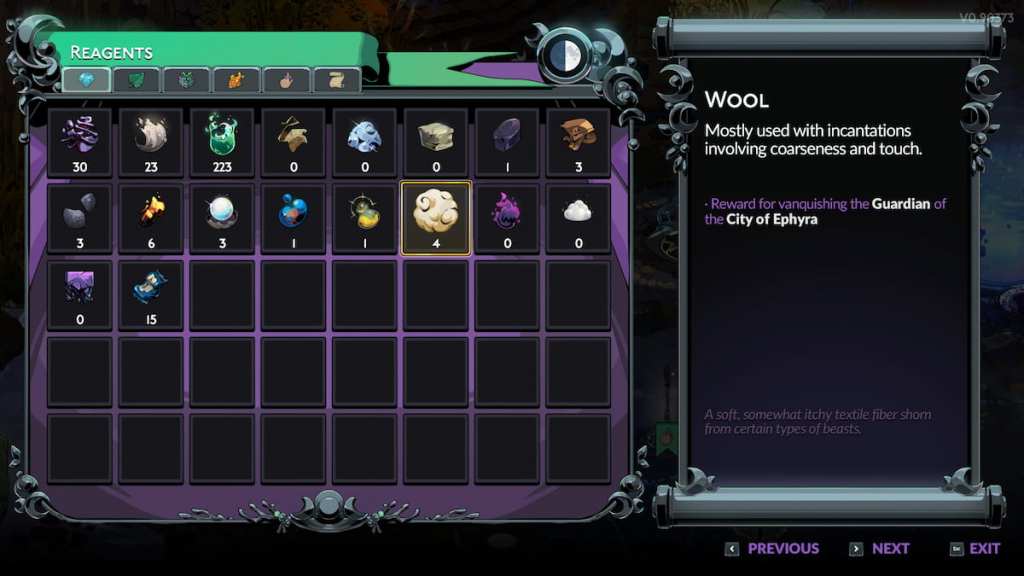 The item description for Wool in Hades 2