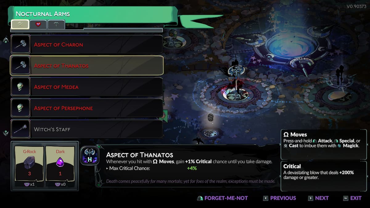 Using Glassrock to unlock the Aspect of Thanatos for the Moonstone Axe in Hades 2