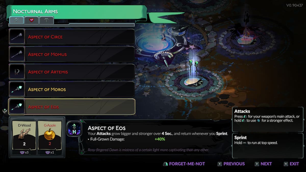 Using two Golden Apples for the Aspect of Eos in Hades 2