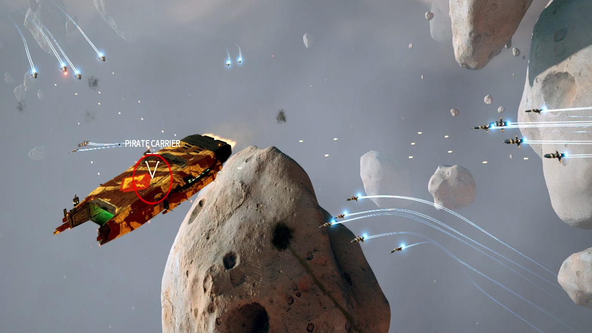 Fighter ships attacking a carrier in deep space among asteroids.