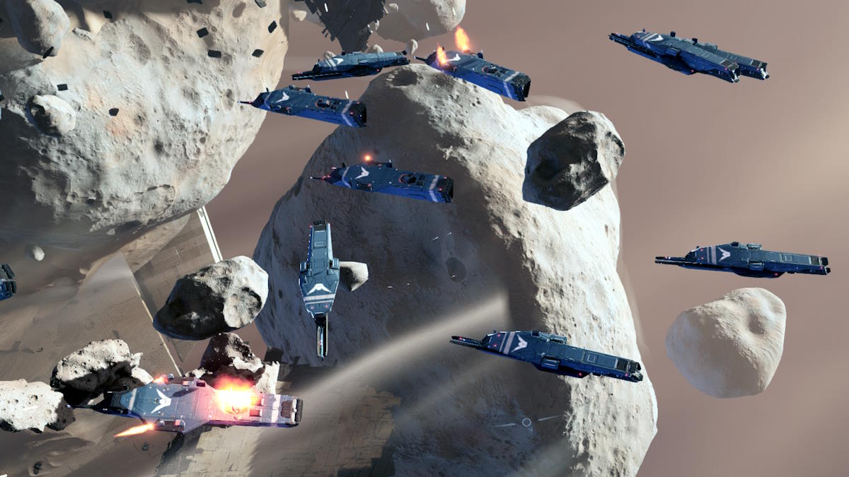 Frigates tumble through space as they are pelted by asteroids.