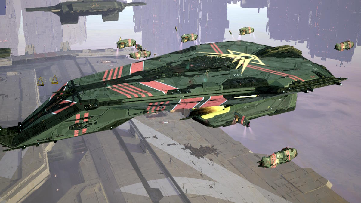 A huge spaceship floats above a military installation surrounded by smaller combat vessels.