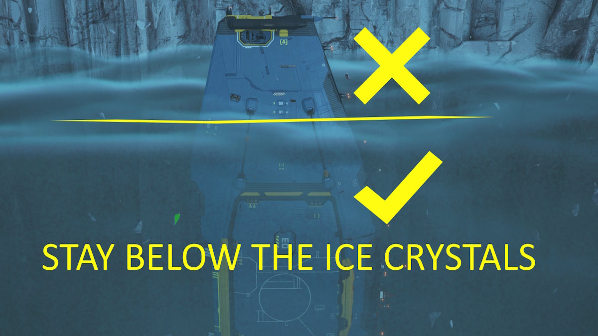 The Mothership floats partially above a layer of ice crystals. Instructions show the player they should stay below the ice.