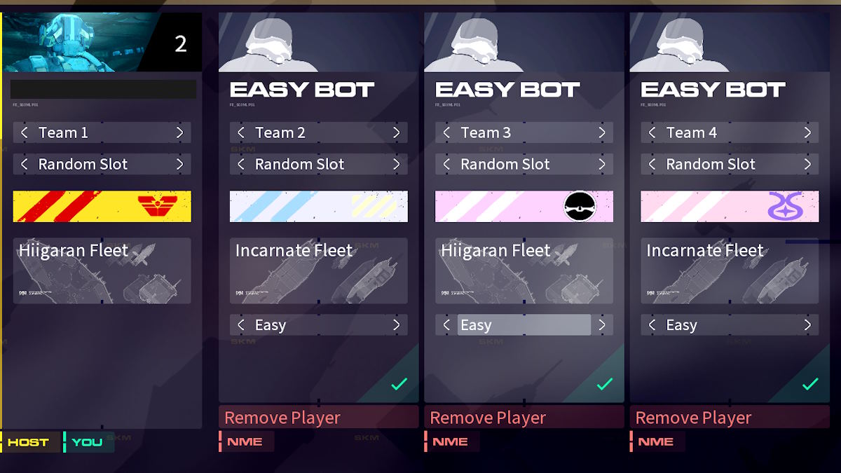 A multiplayer setup menu for a game with one human player and three bots.