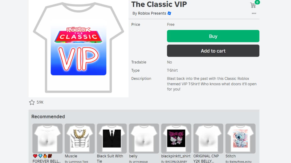 Roblox The Classic VIP shirt catalog page