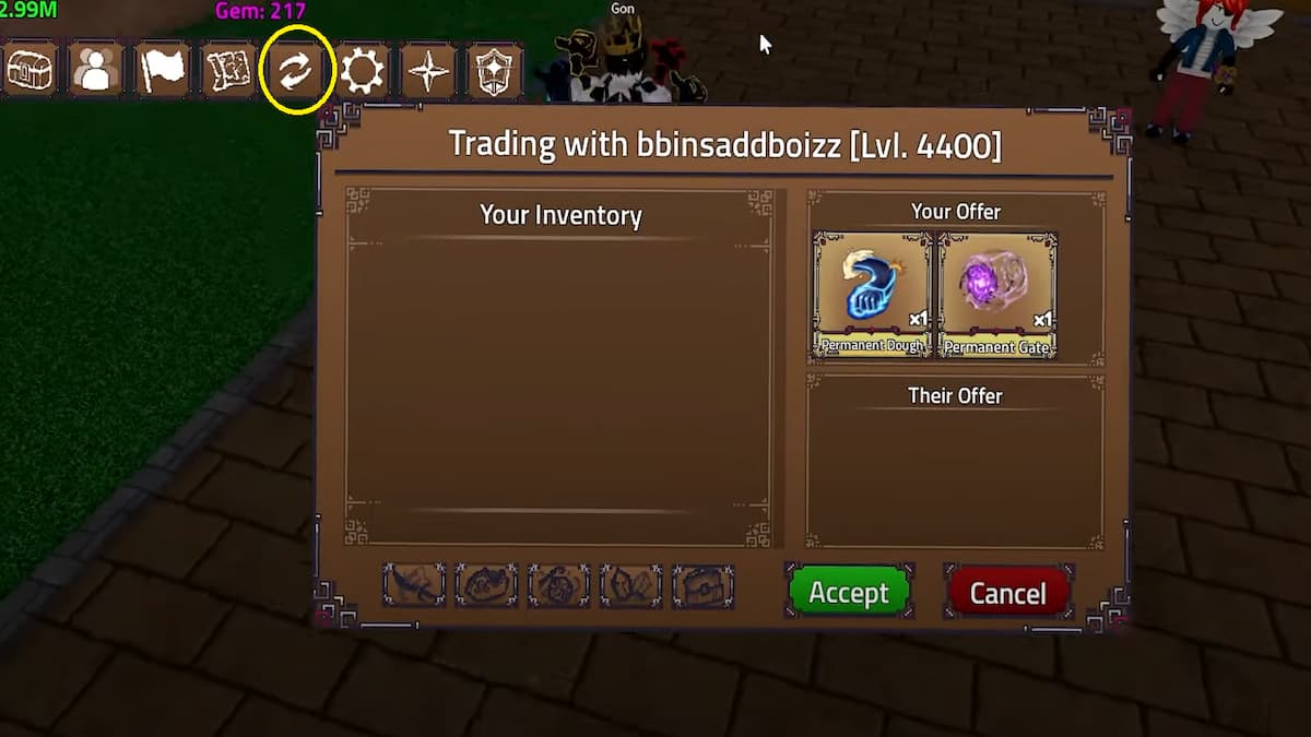 The Trading menu in King Legacy