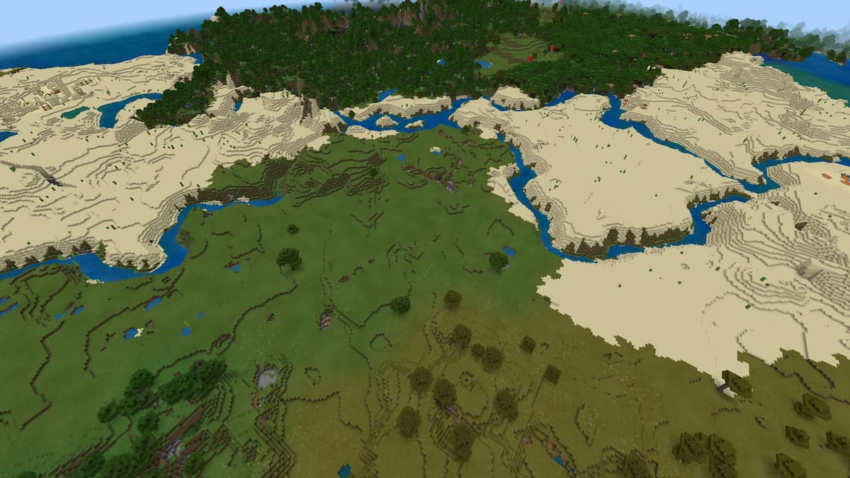 A Minecraft desert cut into pieces by a winding river